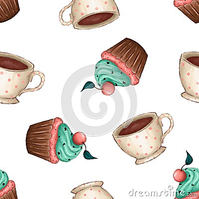 Seamless pattern with a cupcake and a cup of coffee or tea on a white background. wrapping paper, print, tablecloth, apron, cafe Vector Illustration